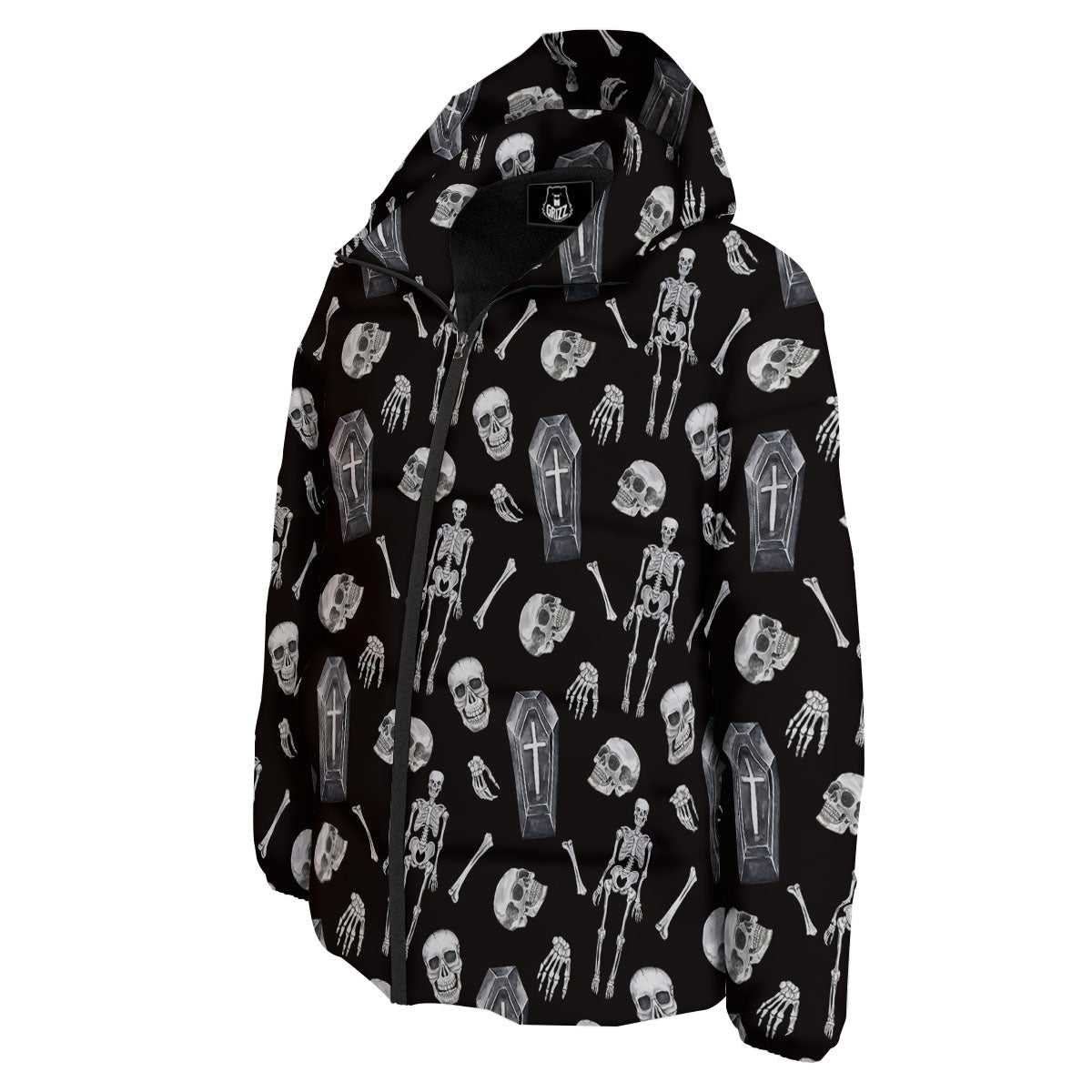 Coffin White And Black Print Pattern Down Jacket-grizzshop