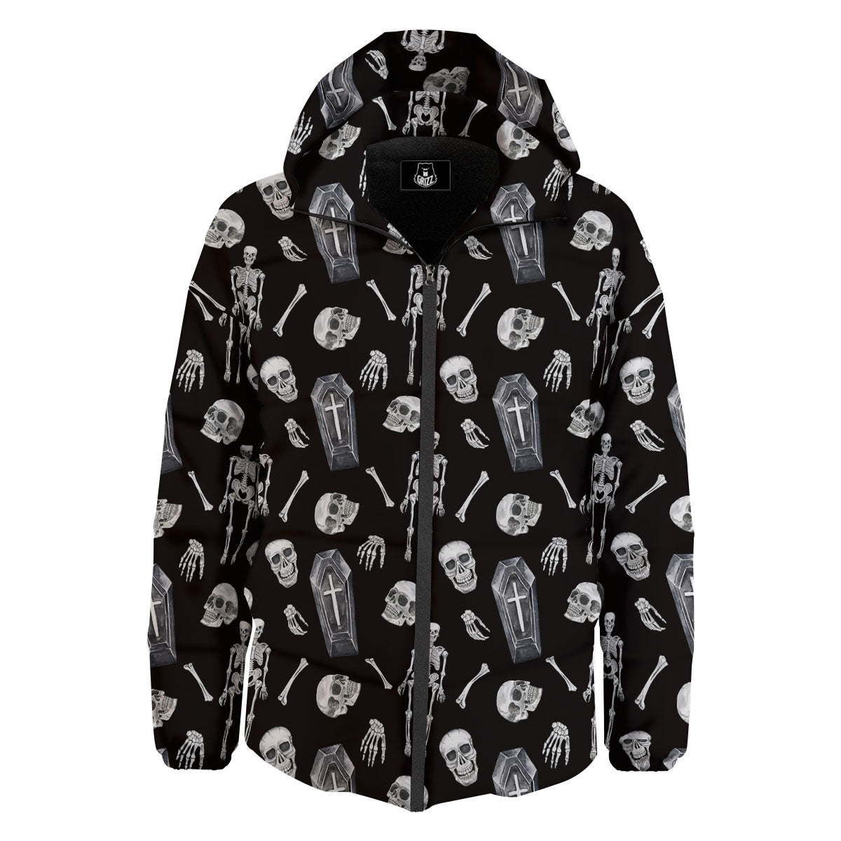 Coffin White And Black Print Pattern Down Jacket-grizzshop