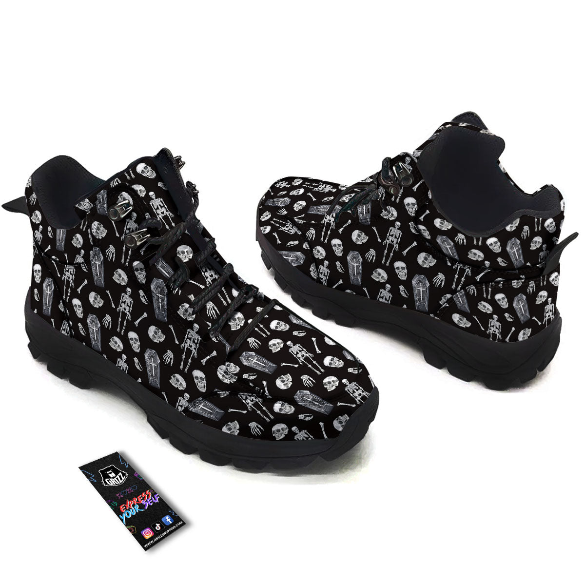 Coffin White And Black Print Pattern Hiking Shoes-grizzshop