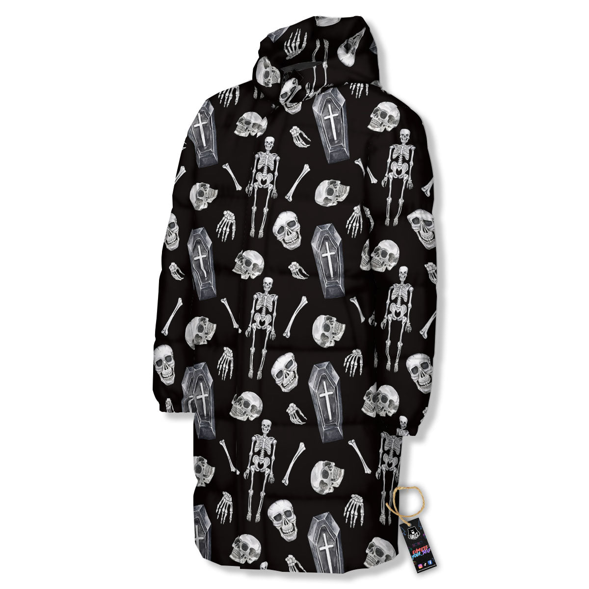 Coffin White And Black Print Pattern Long Down Jacket-grizzshop