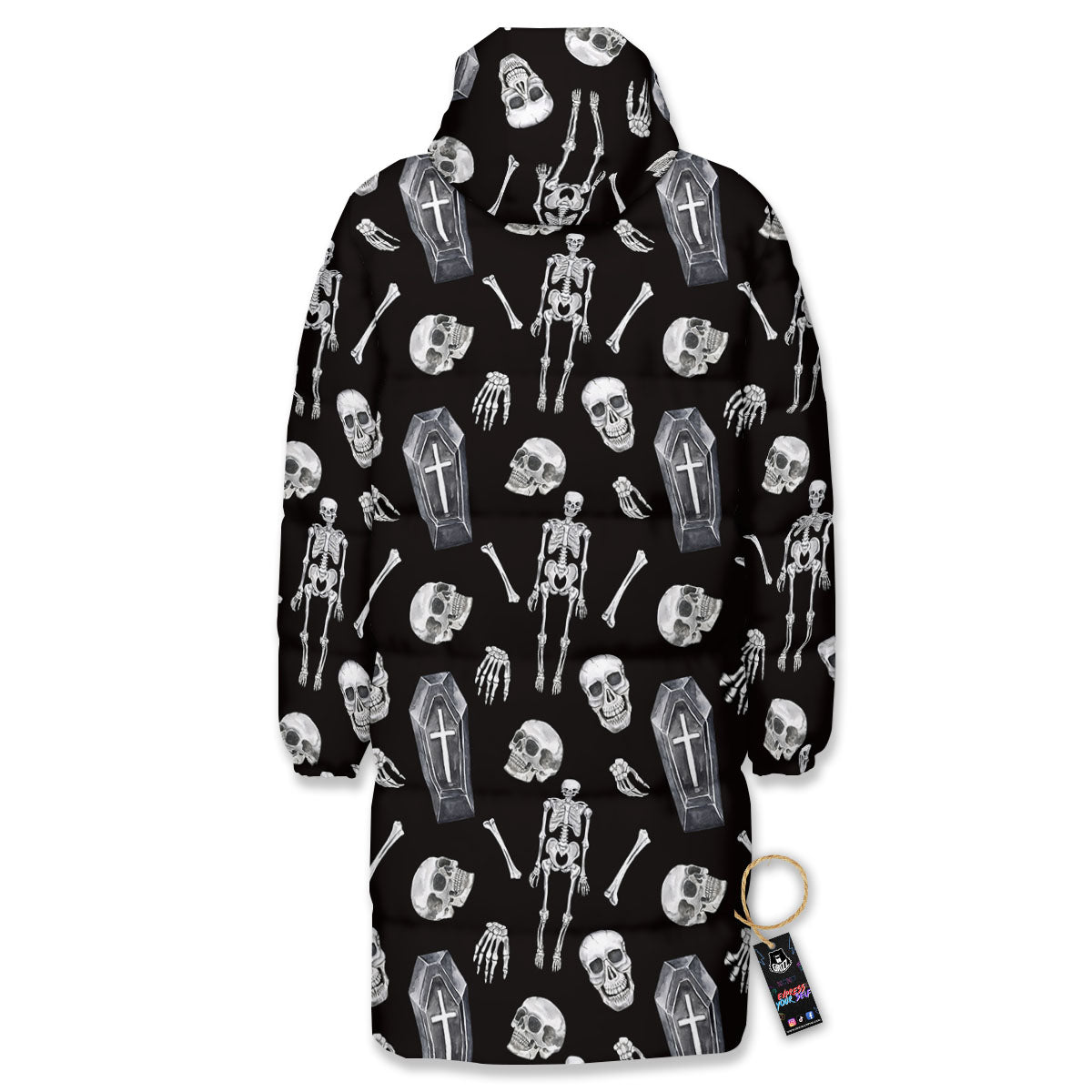 Coffin White And Black Print Pattern Long Down Jacket-grizzshop