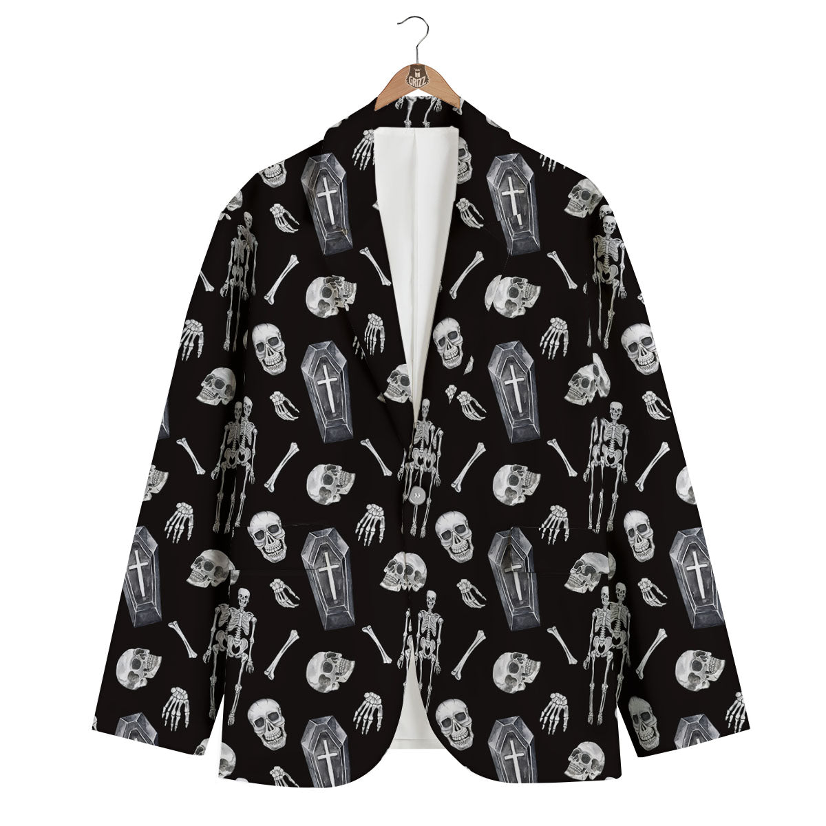 Coffin White And Black Print Pattern Men's Blazer-grizzshop