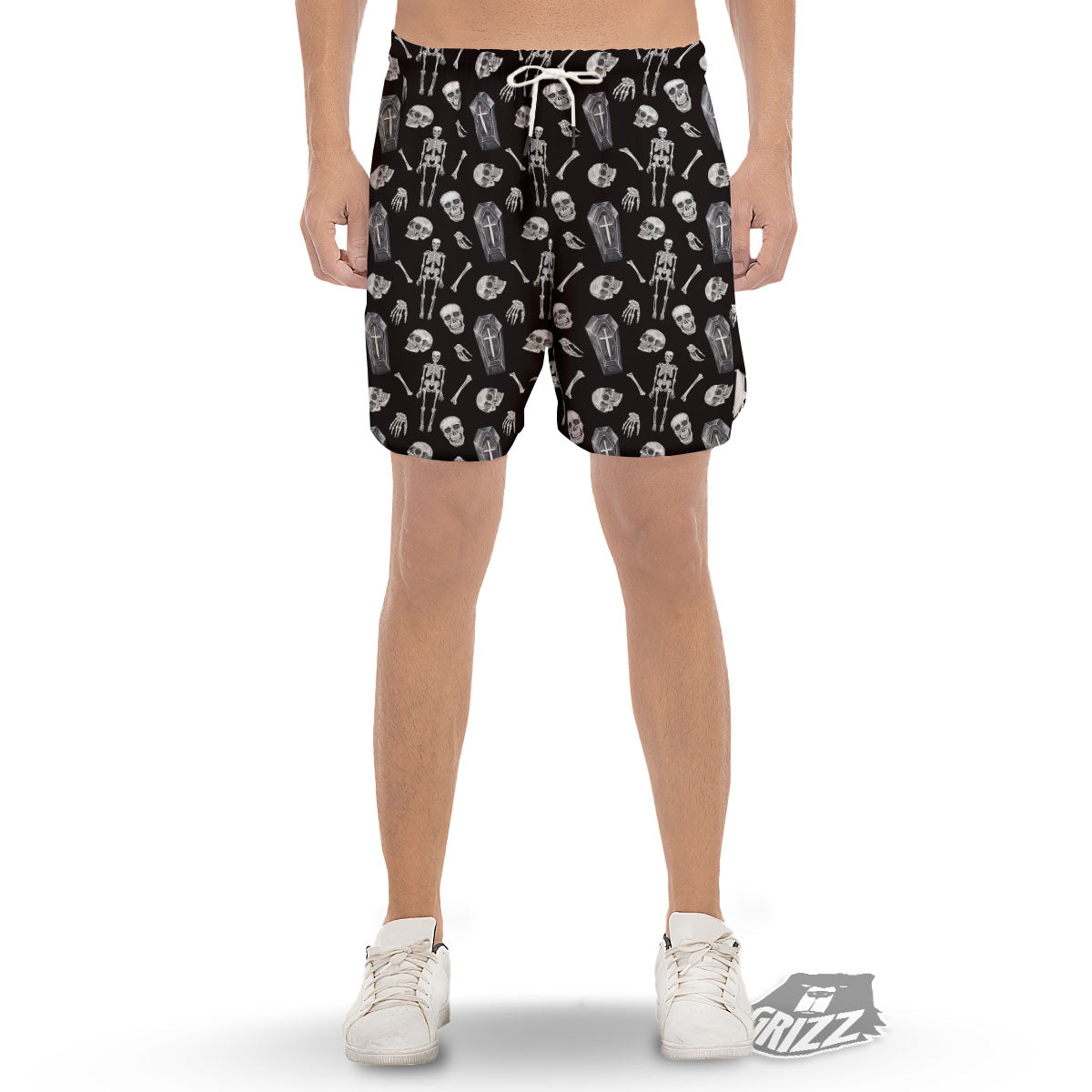 Coffin White And Black Print Pattern Men's Gym Shorts-grizzshop