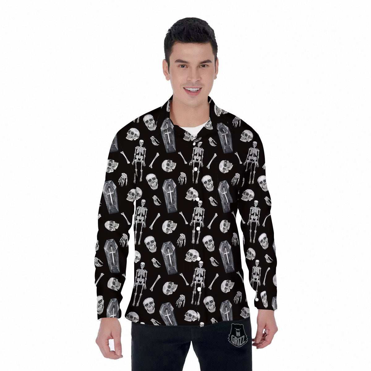 Coffin White And Black Print Pattern Men's Long Sleeve Shirts-grizzshop