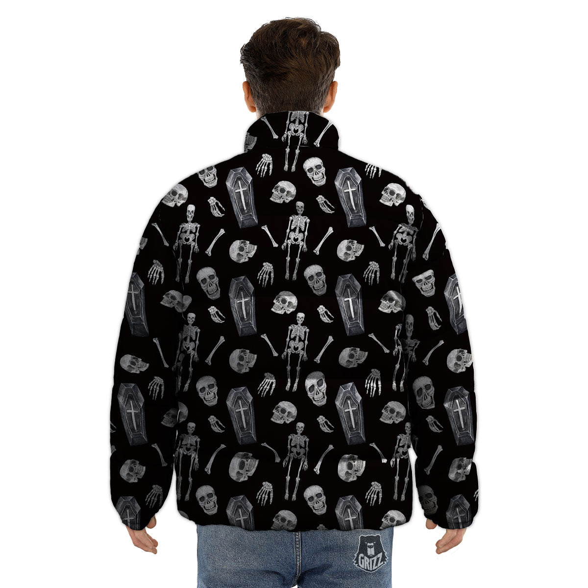 Coffin White And Black Print Pattern Puffer Jacket-grizzshop