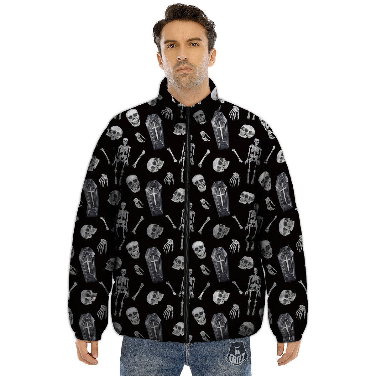 Coffin White And Black Print Pattern Puffer Jacket-grizzshop