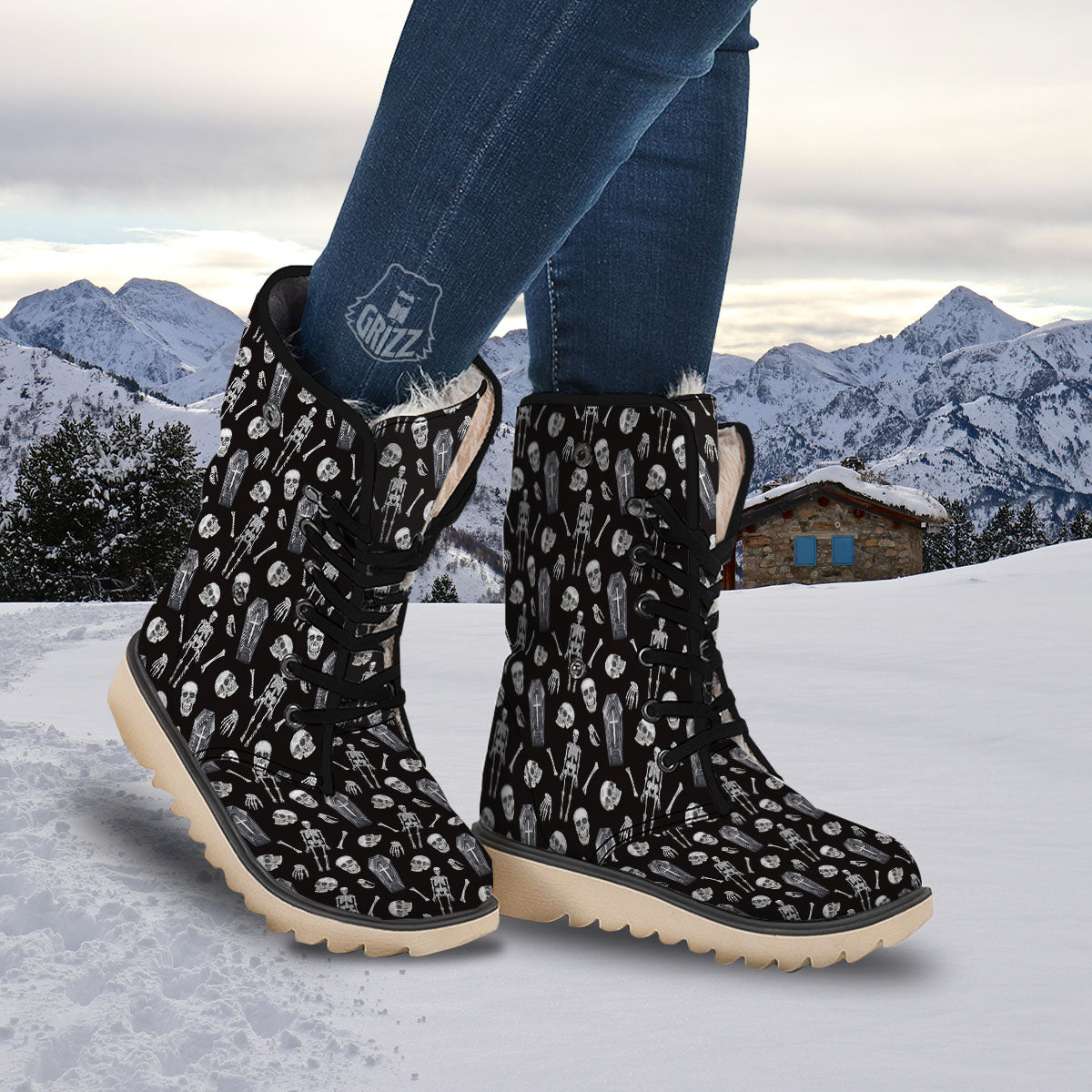 Coffin White And Black Print Pattern Snow Boots-grizzshop