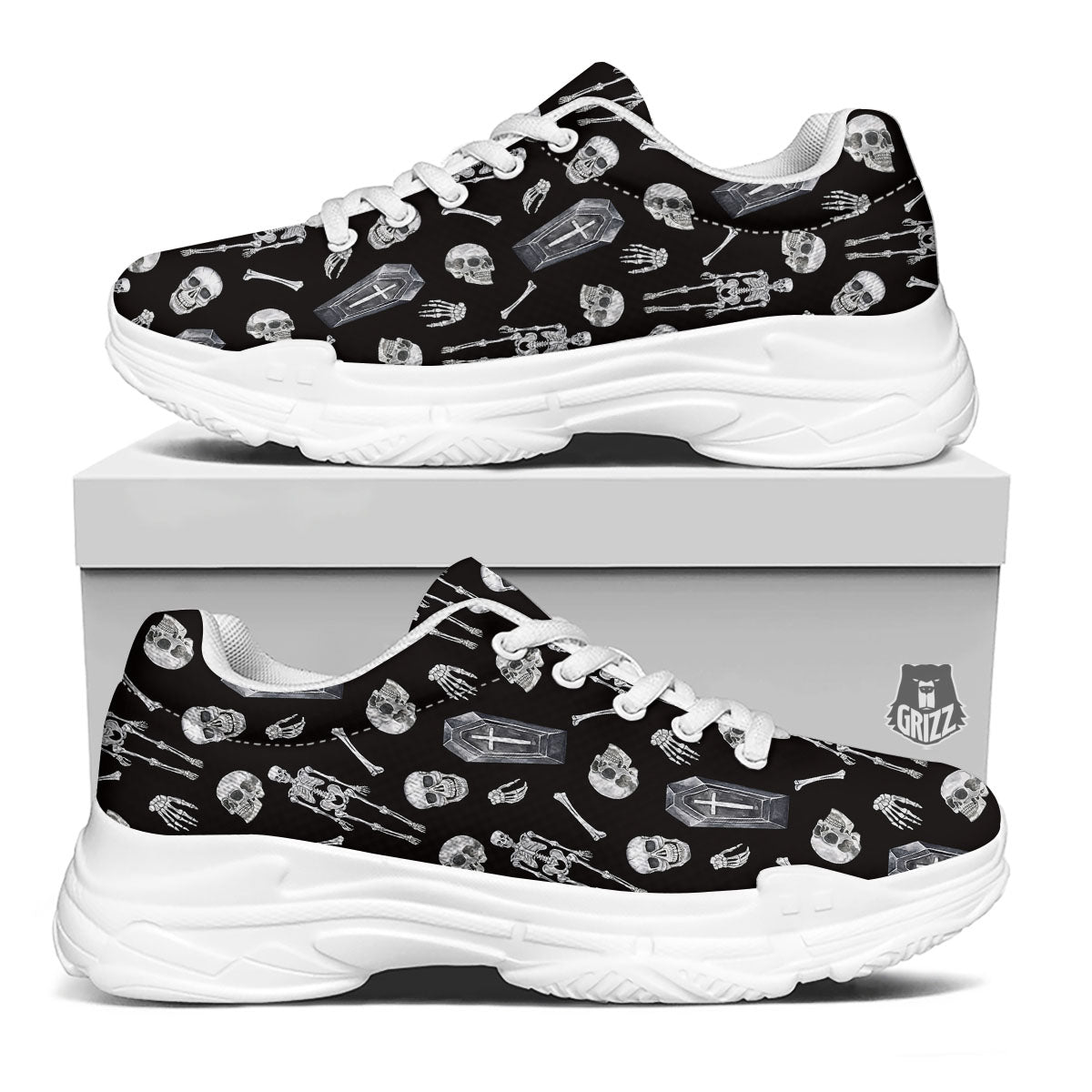 Coffin White And Black Print Pattern White Chunky Shoes-grizzshop