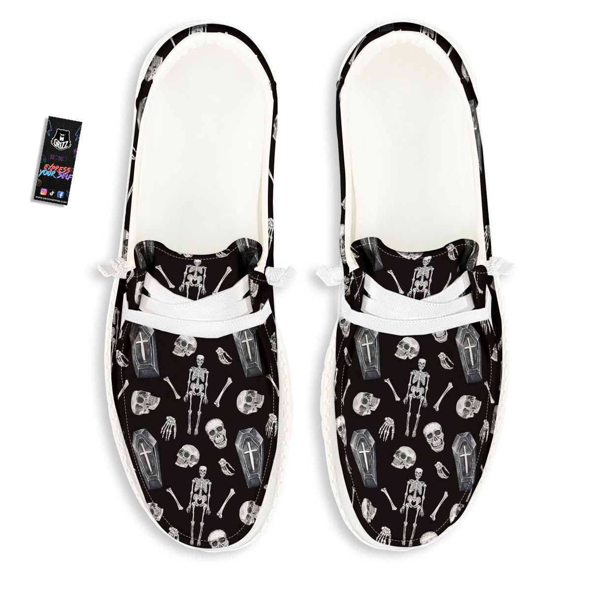 Coffin White And Black Print Pattern White Loafers-grizzshop