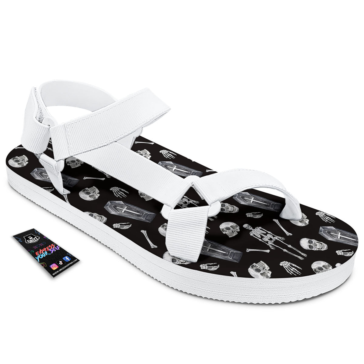 Coffin White And Black Print Pattern White Open Toe Sandals-grizzshop