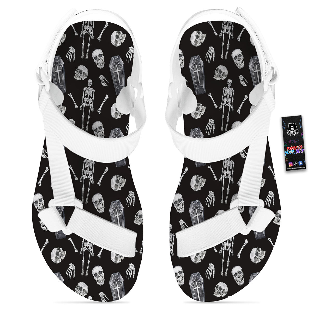 Coffin White And Black Print Pattern White Open Toe Sandals-grizzshop
