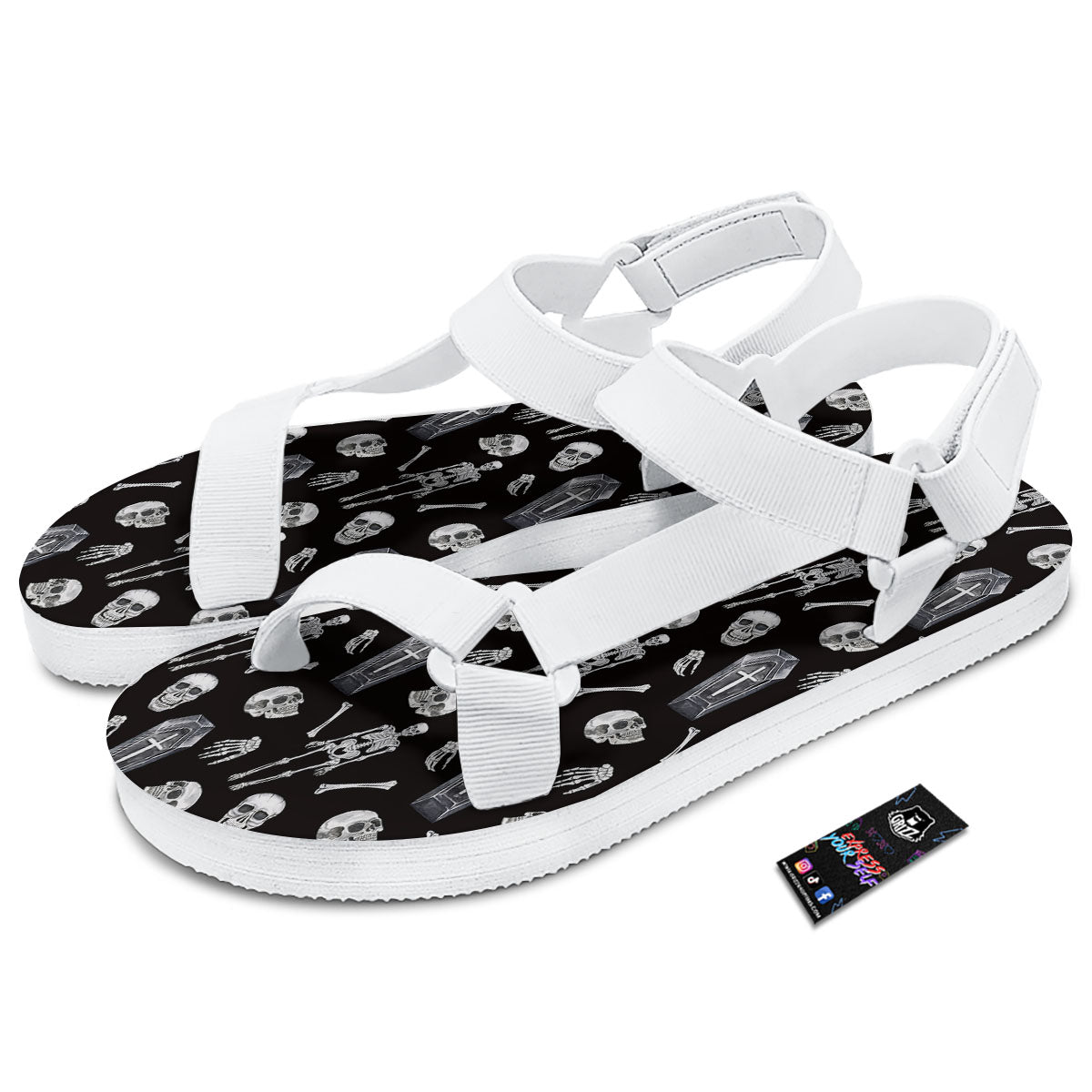 Coffin White And Black Print Pattern White Open Toe Sandals-grizzshop