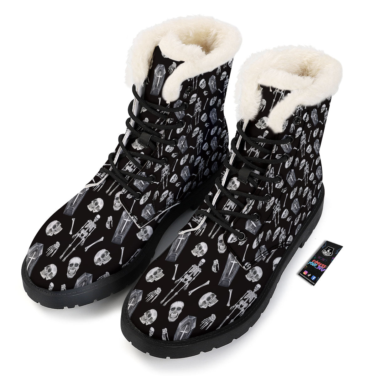 Coffin White And Black Print Pattern Winter Boots-grizzshop