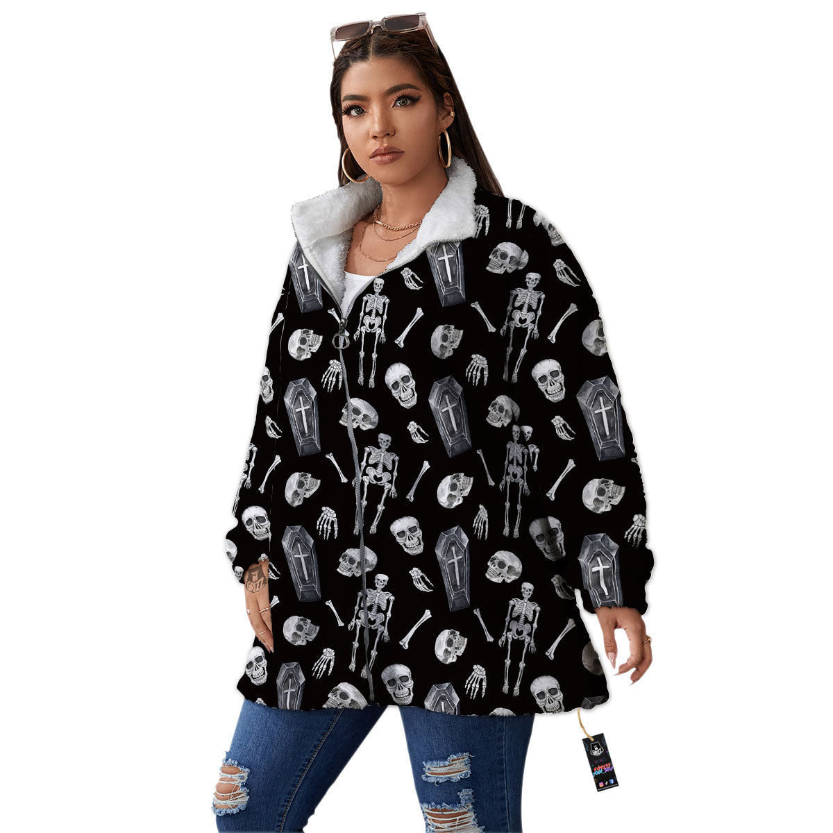 Coffin White And Black Print Pattern Women's Sherpa Jacket-grizzshop