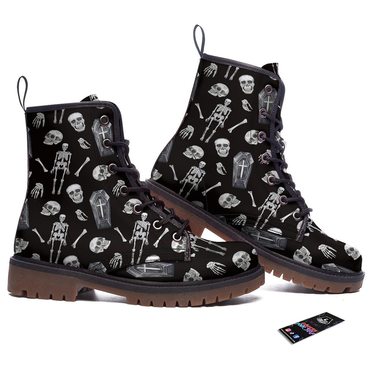 Coffin White And Black Print Pattern Work Boots-grizzshop