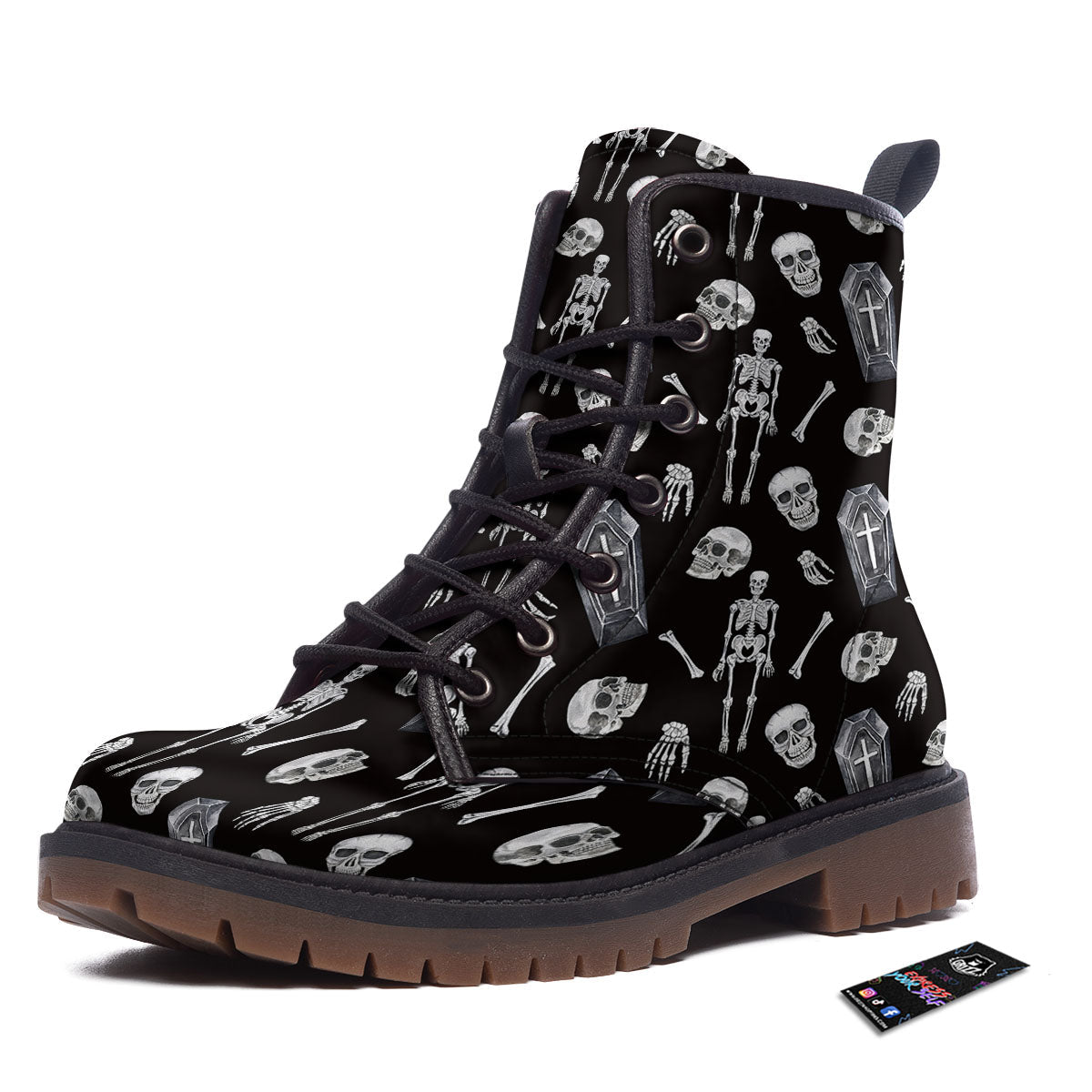Coffin White And Black Print Pattern Work Boots-grizzshop