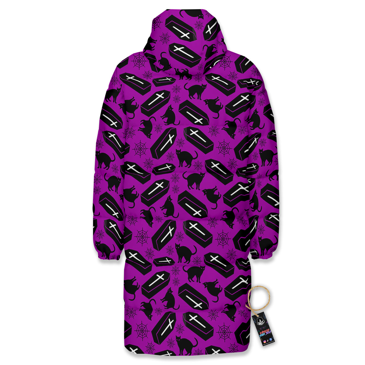 Coffin And Cat Purple Print Pattern Long Down Jacket