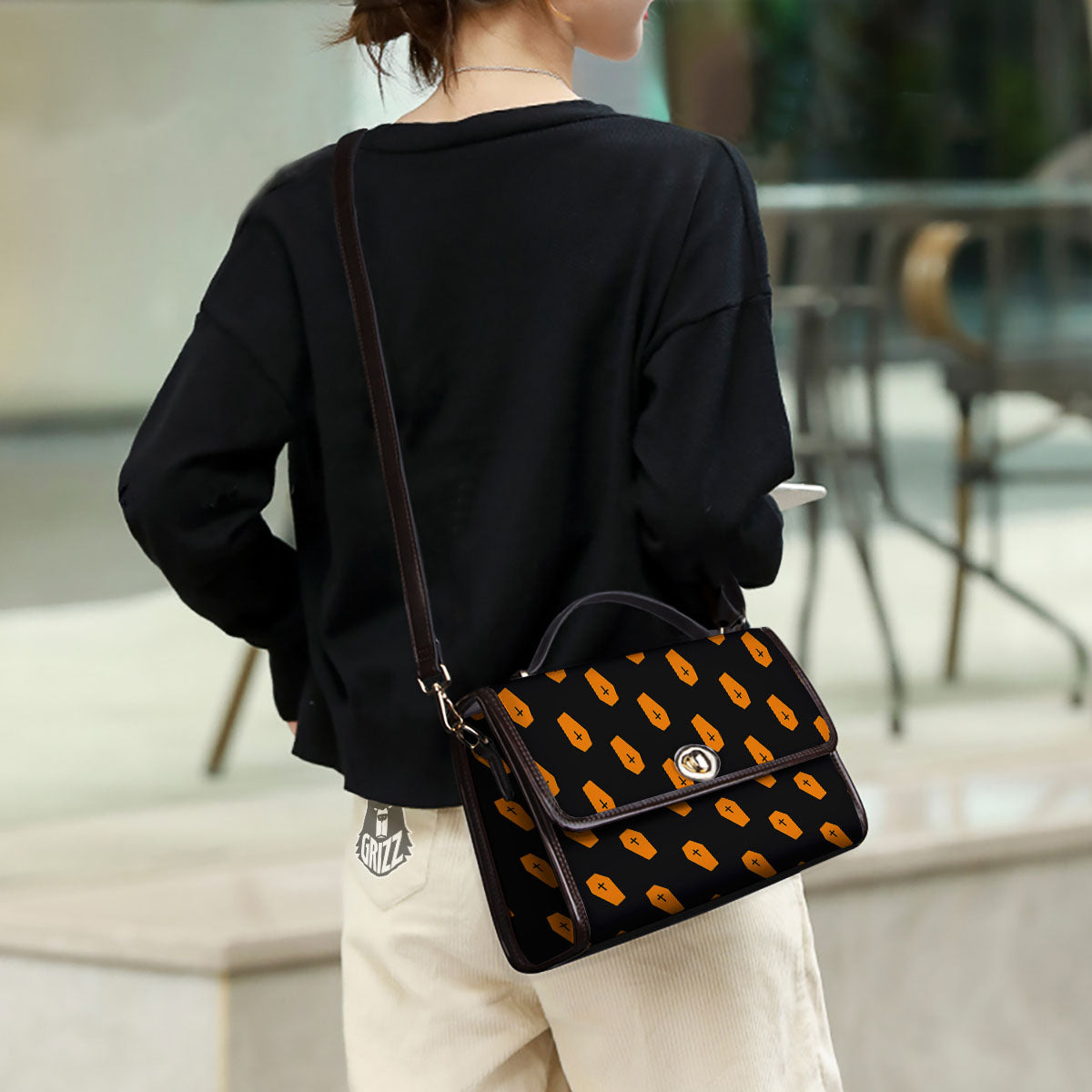 Coffin Orange Halloween Print Pattern Women's Satchel Bag