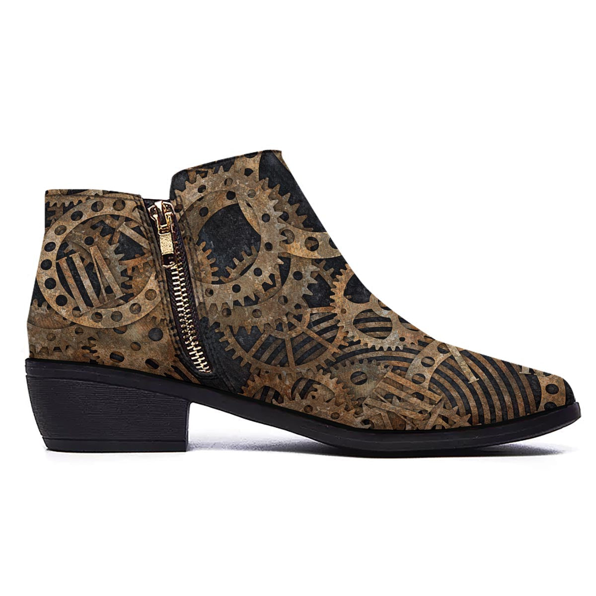 Cogs And Gears Steampunk Brass Print Ankle Boots-grizzshop