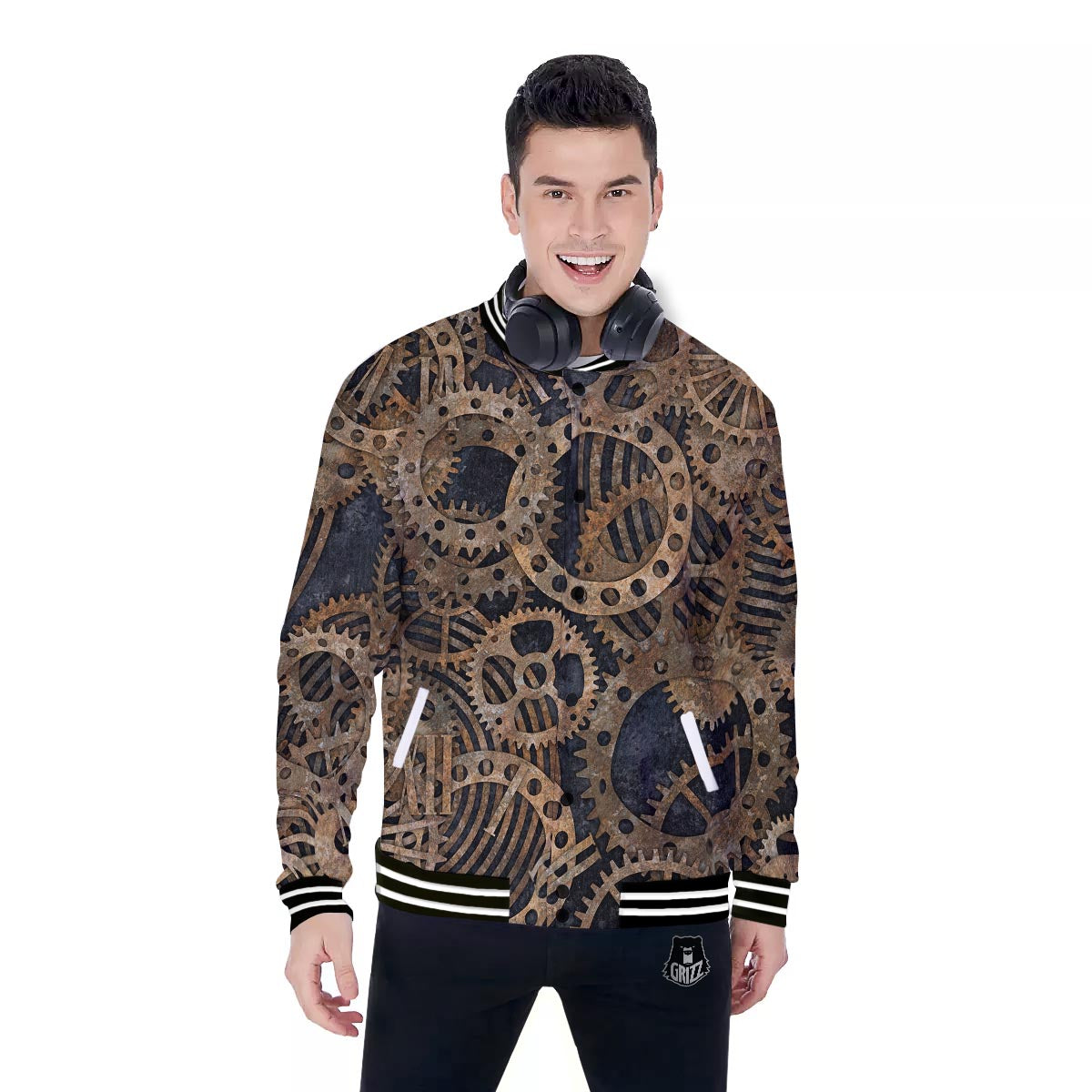 Cogs And Gears Steampunk Brass Print Baseball Jacket-grizzshop
