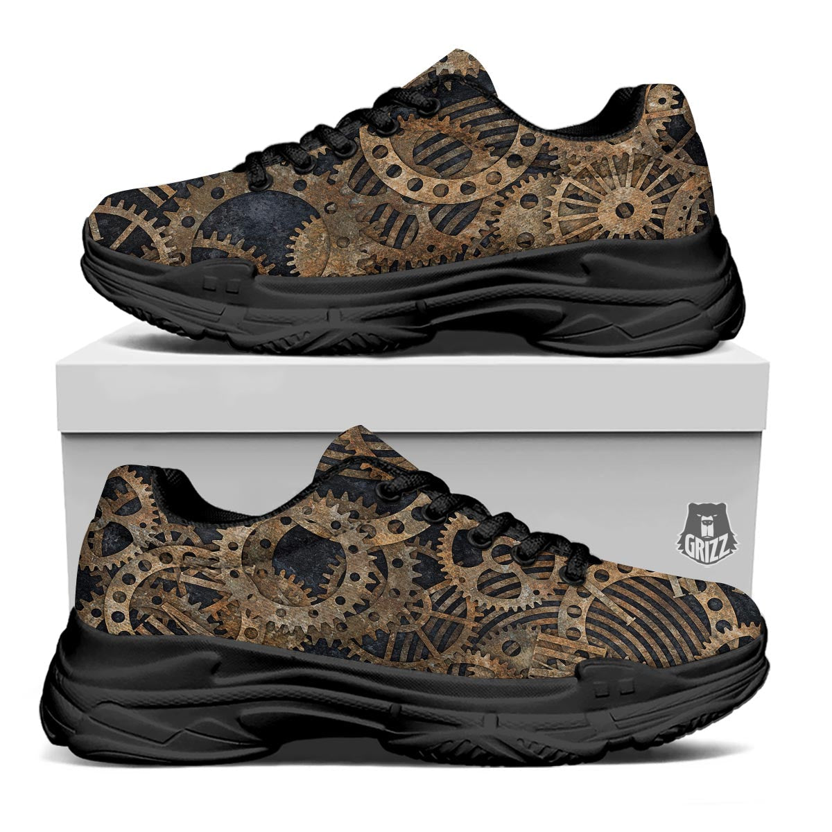 Cogs And Gears Steampunk Brass Print Black Chunky Shoes-grizzshop