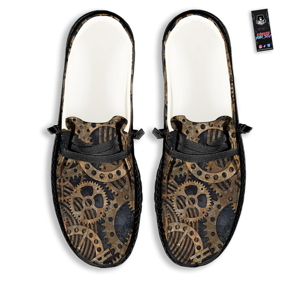 Cogs And Gears Steampunk Brass Print Black Loafers-grizzshop