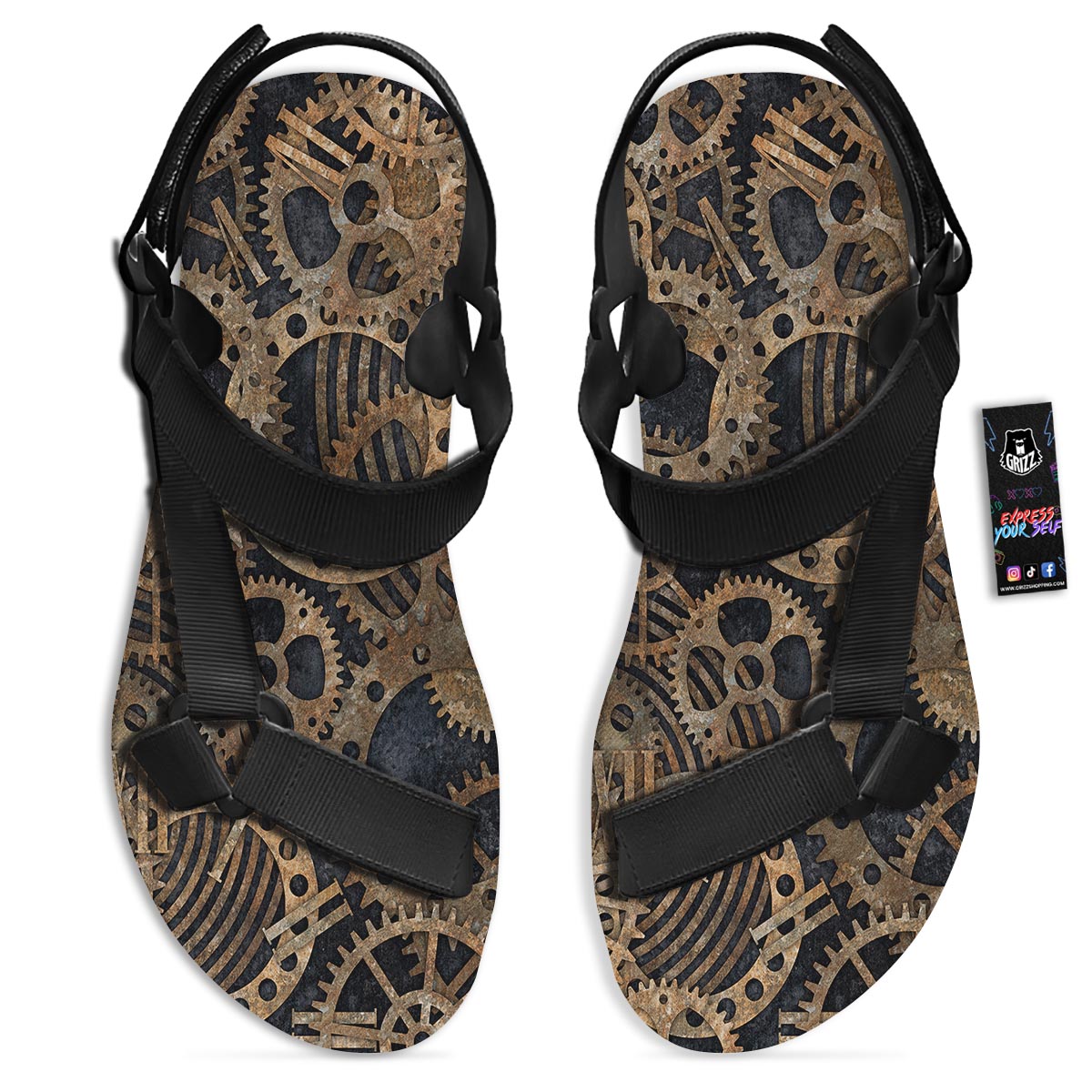 Cogs And Gears Steampunk Brass Print Black Open Toe Sandals-grizzshop