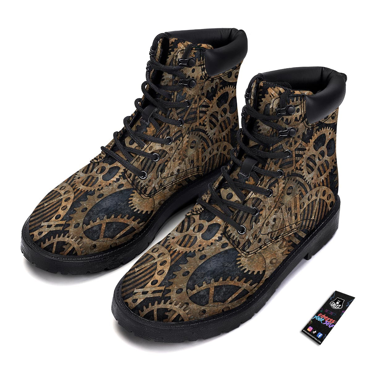 Cogs And Gears Steampunk Brass Print Boots-grizzshop