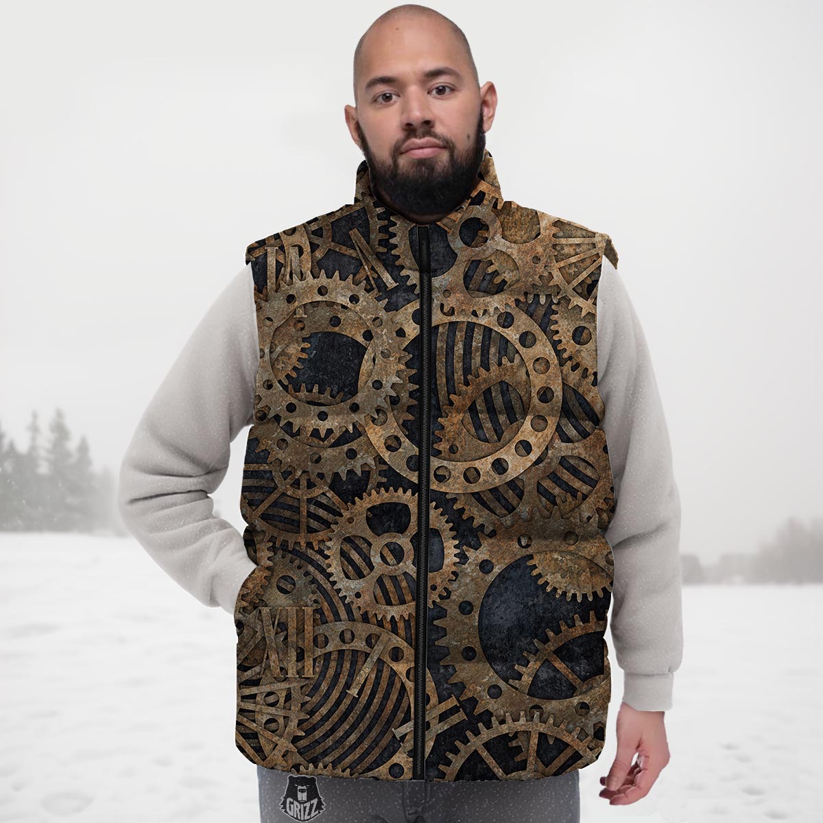 Cogs And Gears Steampunk Brass Print Down Vest