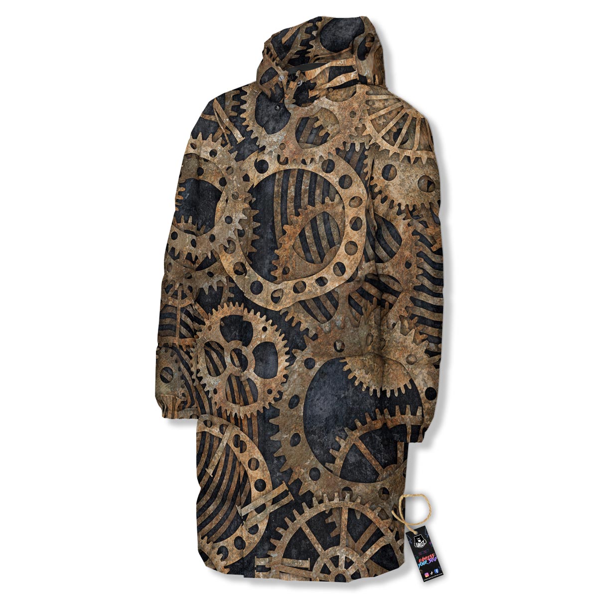Cogs And Gears Steampunk Brass Print Long Down Jacket-grizzshop