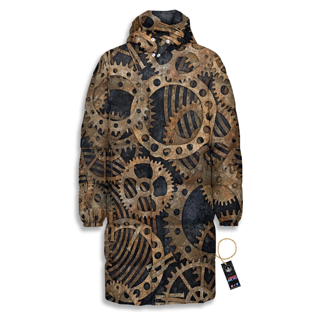 Cogs And Gears Steampunk Brass Print Long Down Jacket-grizzshop