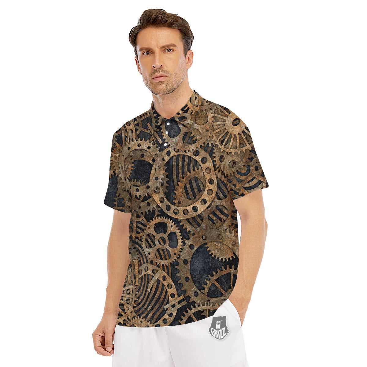 Cogs And Gears Steampunk Brass Print Men's Golf Shirts-grizzshop