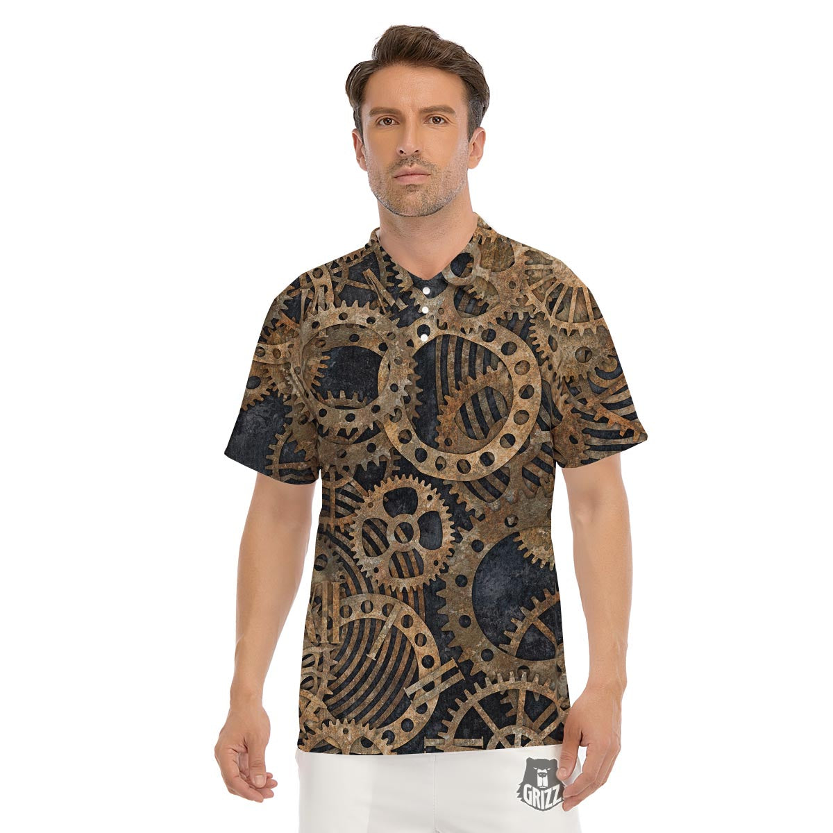 Cogs And Gears Steampunk Brass Print Men's Golf Shirts-grizzshop