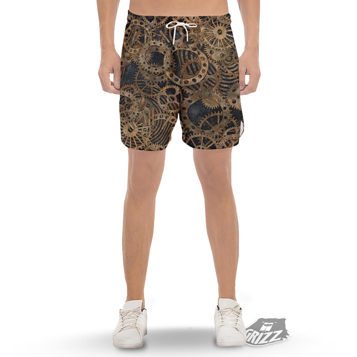 Cogs And Gears Steampunk Brass Print Men's Gym Shorts-grizzshop