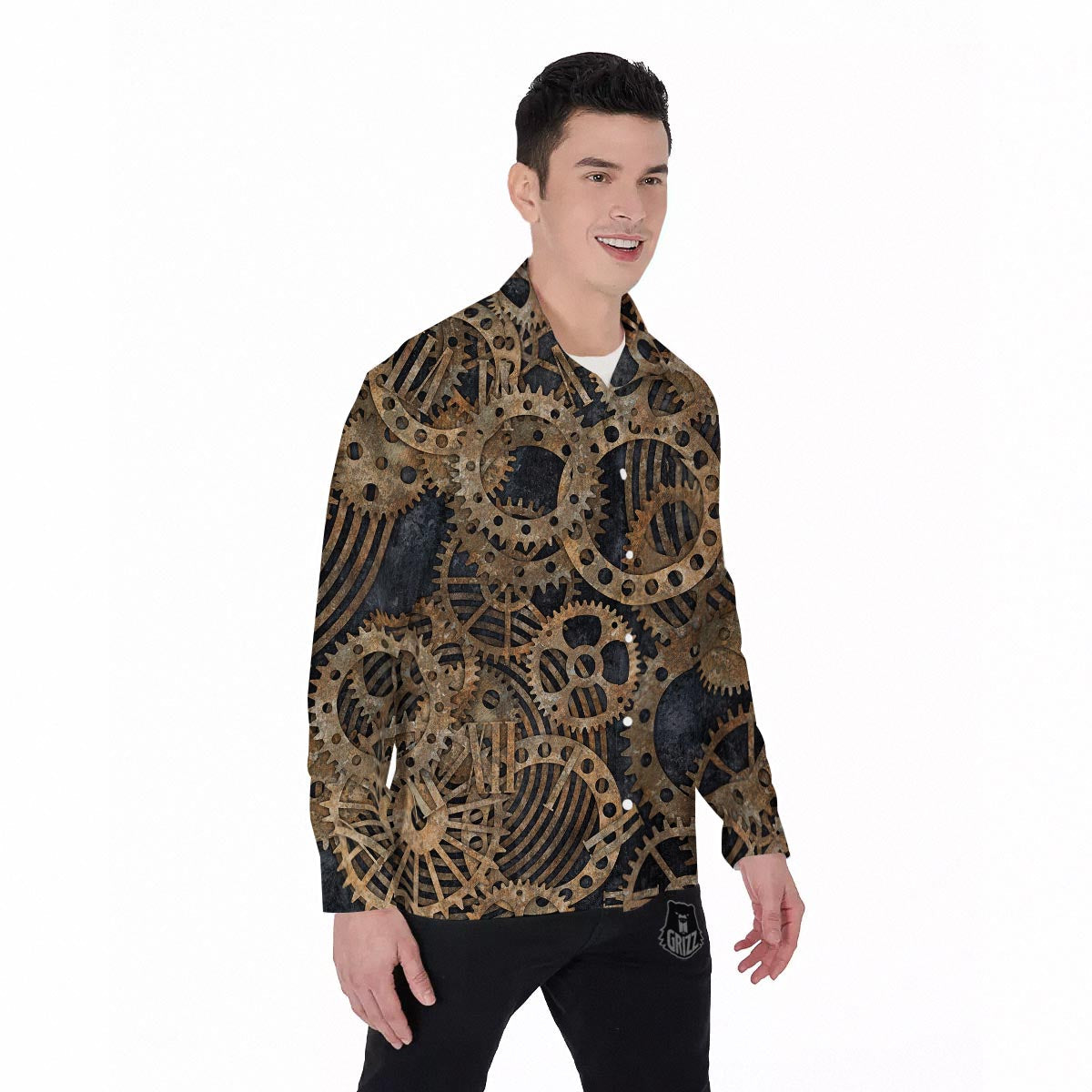 Cogs And Gears Steampunk Brass Print Men's Long Sleeve Shirts-grizzshop