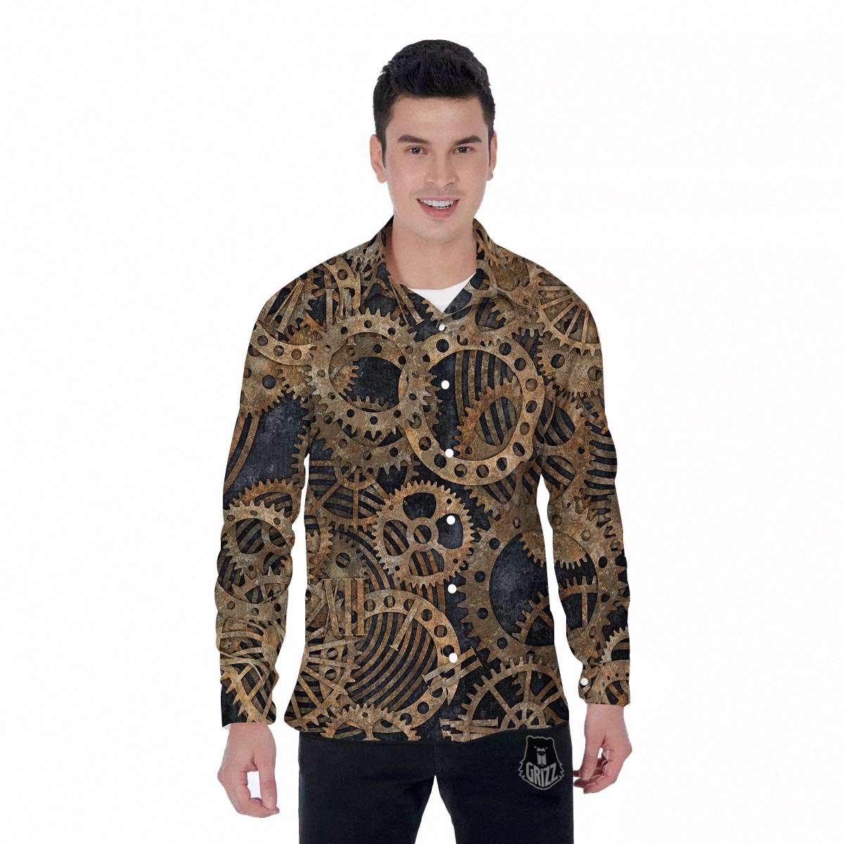 Cogs And Gears Steampunk Brass Print Men's Long Sleeve Shirts-grizzshop