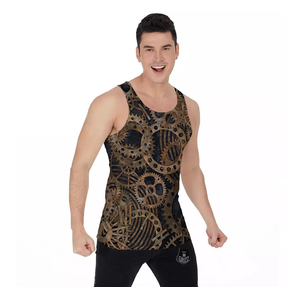 Cogs And Gears Steampunk Brass Print Men's Tank Top-grizzshop