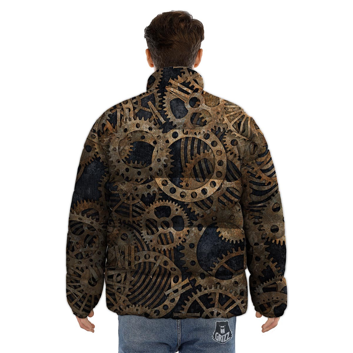 Cogs And Gears Steampunk Brass Print Puffer Jacket-grizzshop