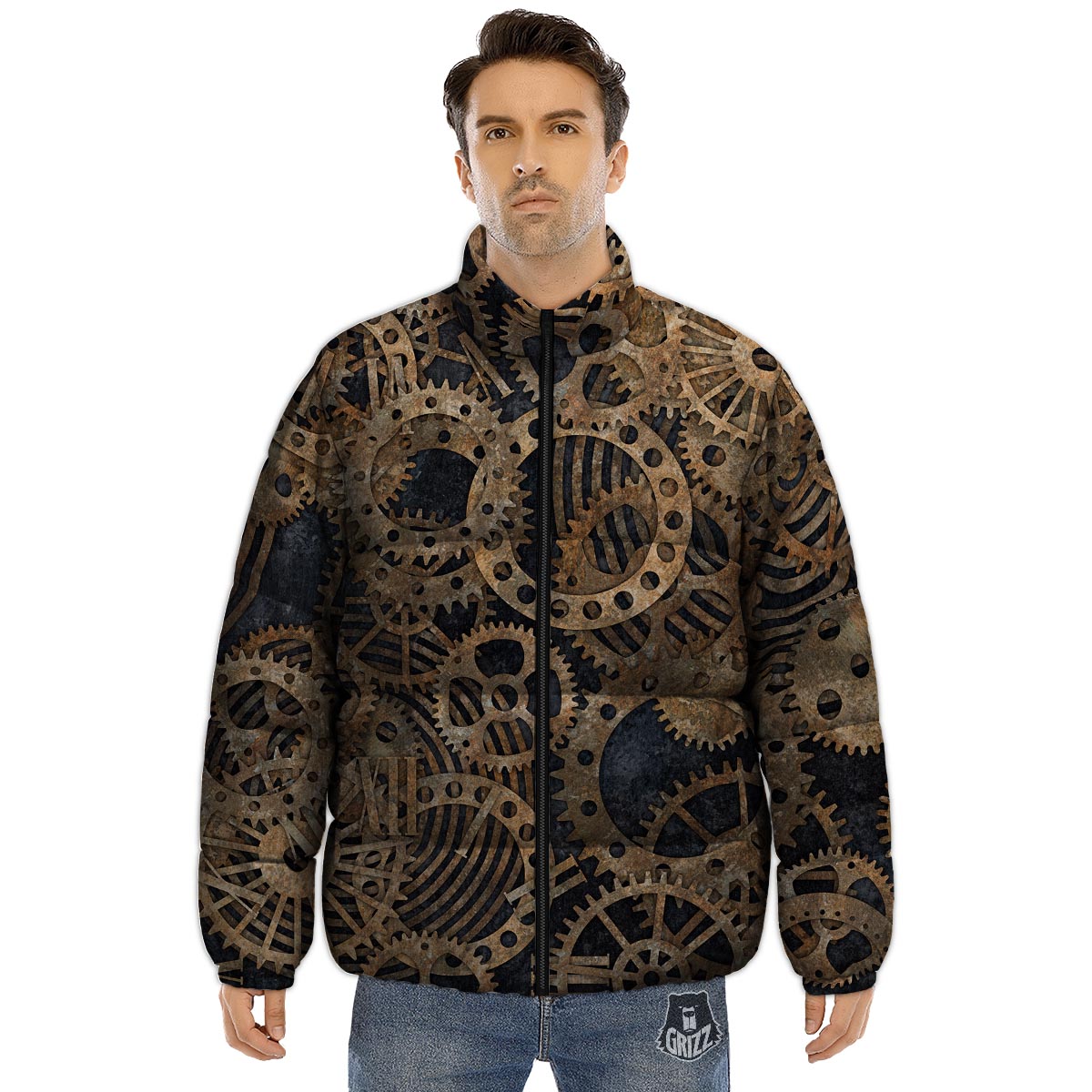 Cogs And Gears Steampunk Brass Print Puffer Jacket-grizzshop