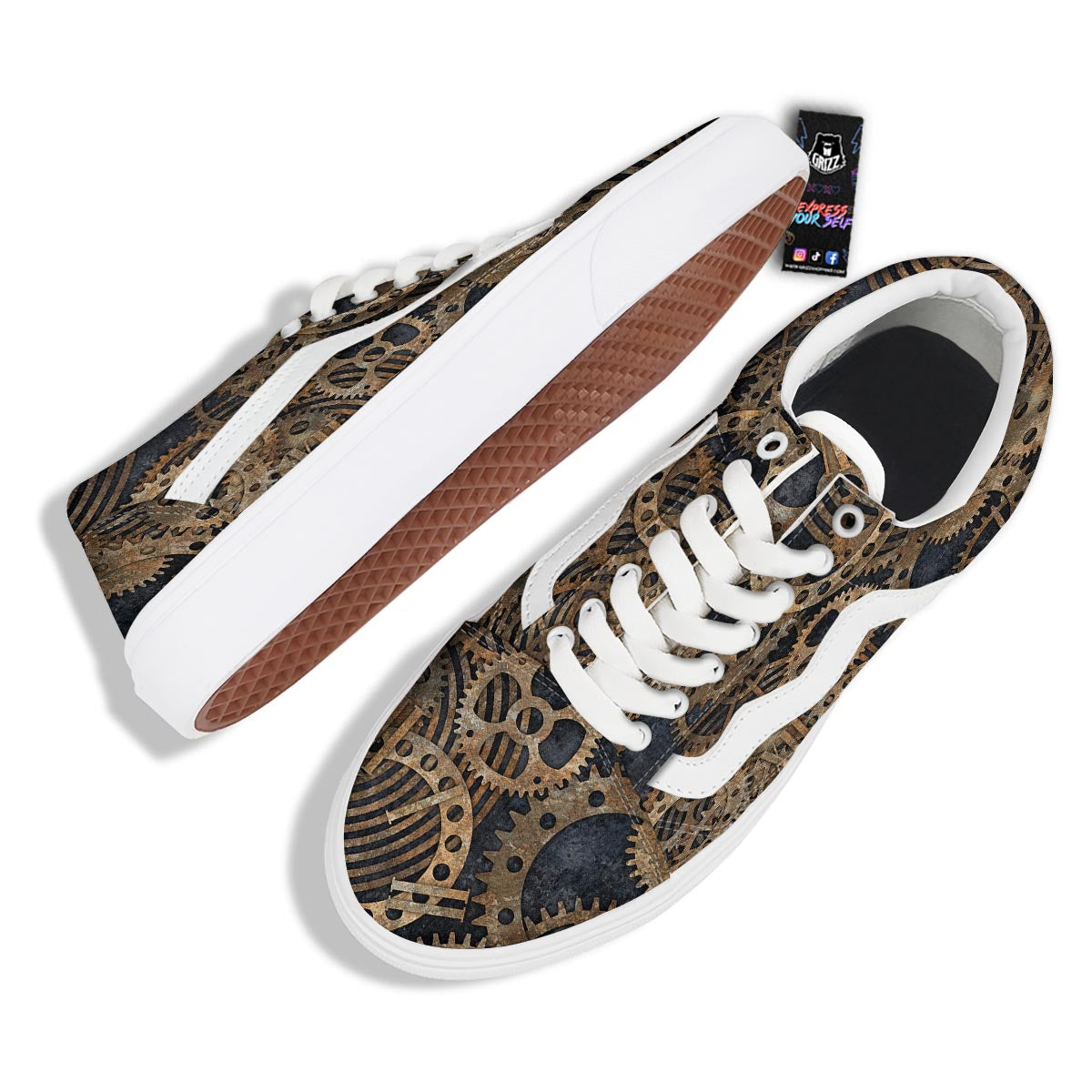 Cogs And Gears Steampunk Brass Print Skate Shoes-grizzshop