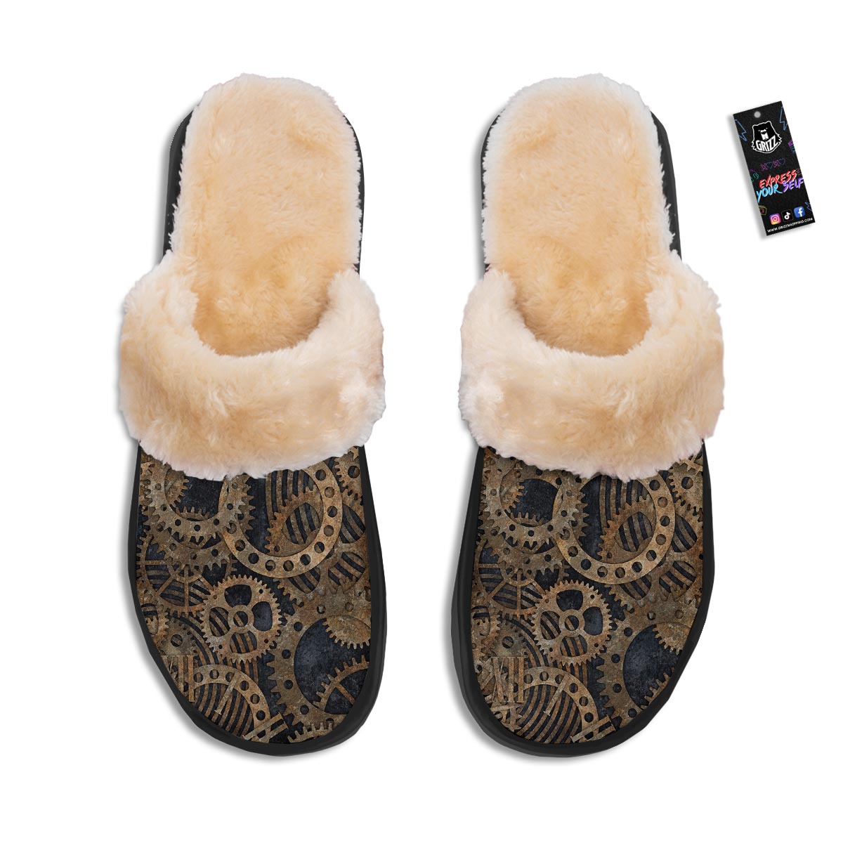 Cogs And Gears Steampunk Brass Print Slippers-grizzshop