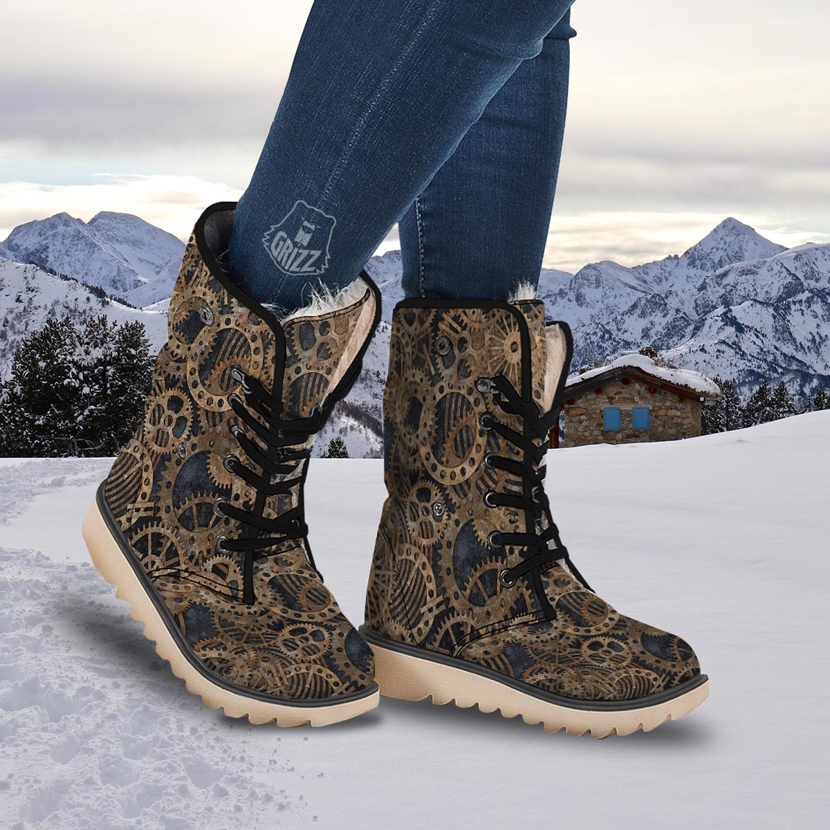 Cogs And Gears Steampunk Brass Print Snow Boots-grizzshop