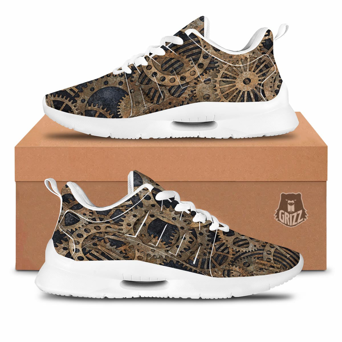 Cogs And Gears Steampunk Brass Print Tennis Shoes-grizzshop