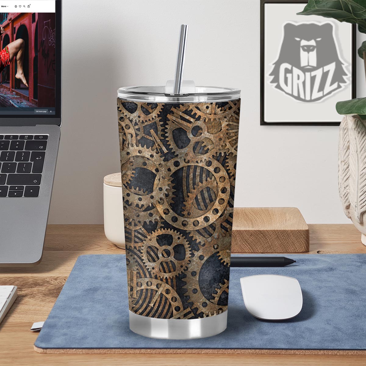 Cogs And Gears Steampunk Brass Print Tumbler-grizzshop