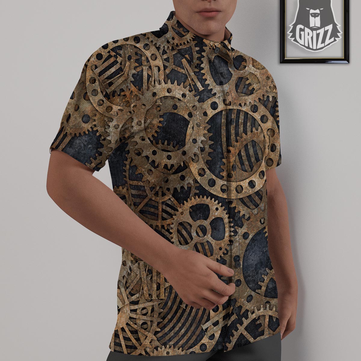Cogs And Gears Steampunk Brass Print Untucked Shirts-grizzshop