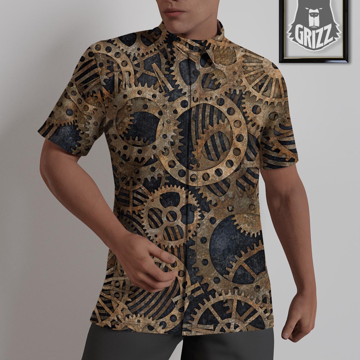 Cogs And Gears Steampunk Brass Print Untucked Shirts-grizzshop