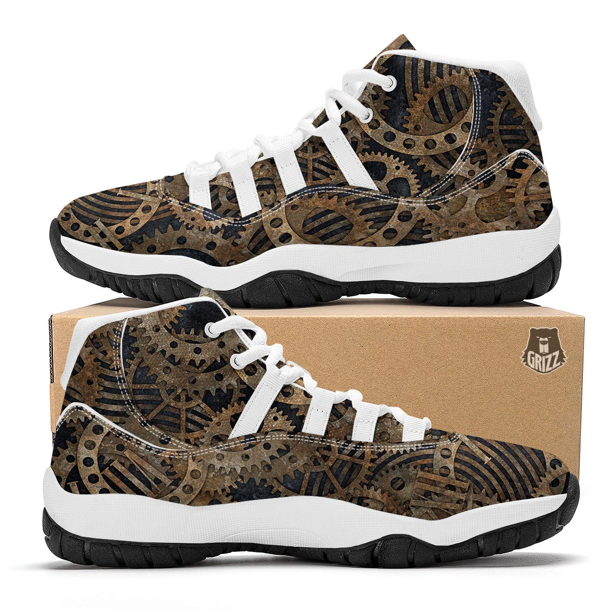 Cogs And Gears Steampunk Brass Print White Bball Shoes-grizzshop