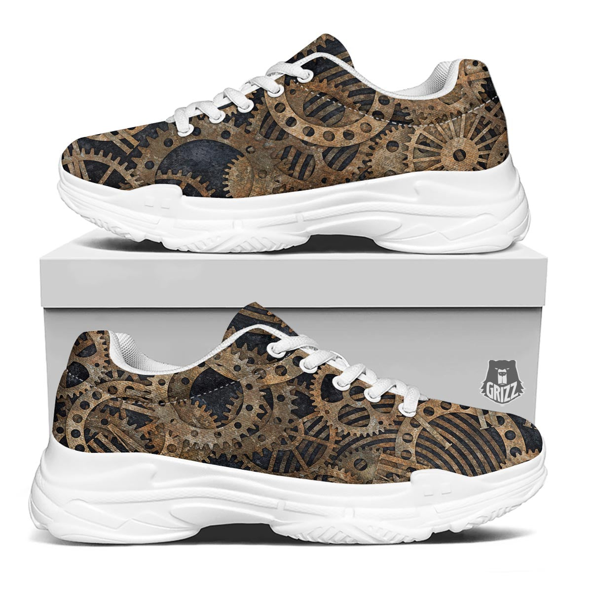 Cogs And Gears Steampunk Brass Print White Chunky Shoes-grizzshop
