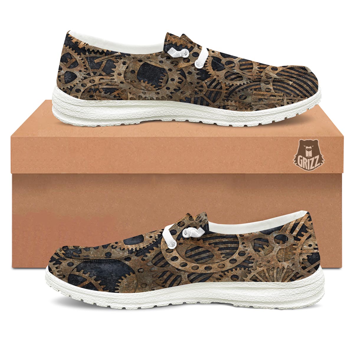 Cogs And Gears Steampunk Brass Print White Loafers-grizzshop