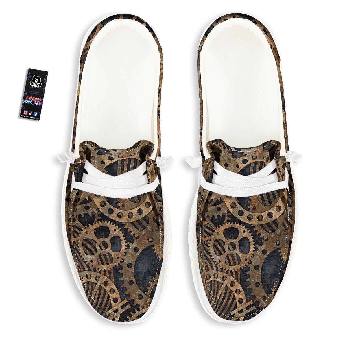Cogs And Gears Steampunk Brass Print White Loafers-grizzshop